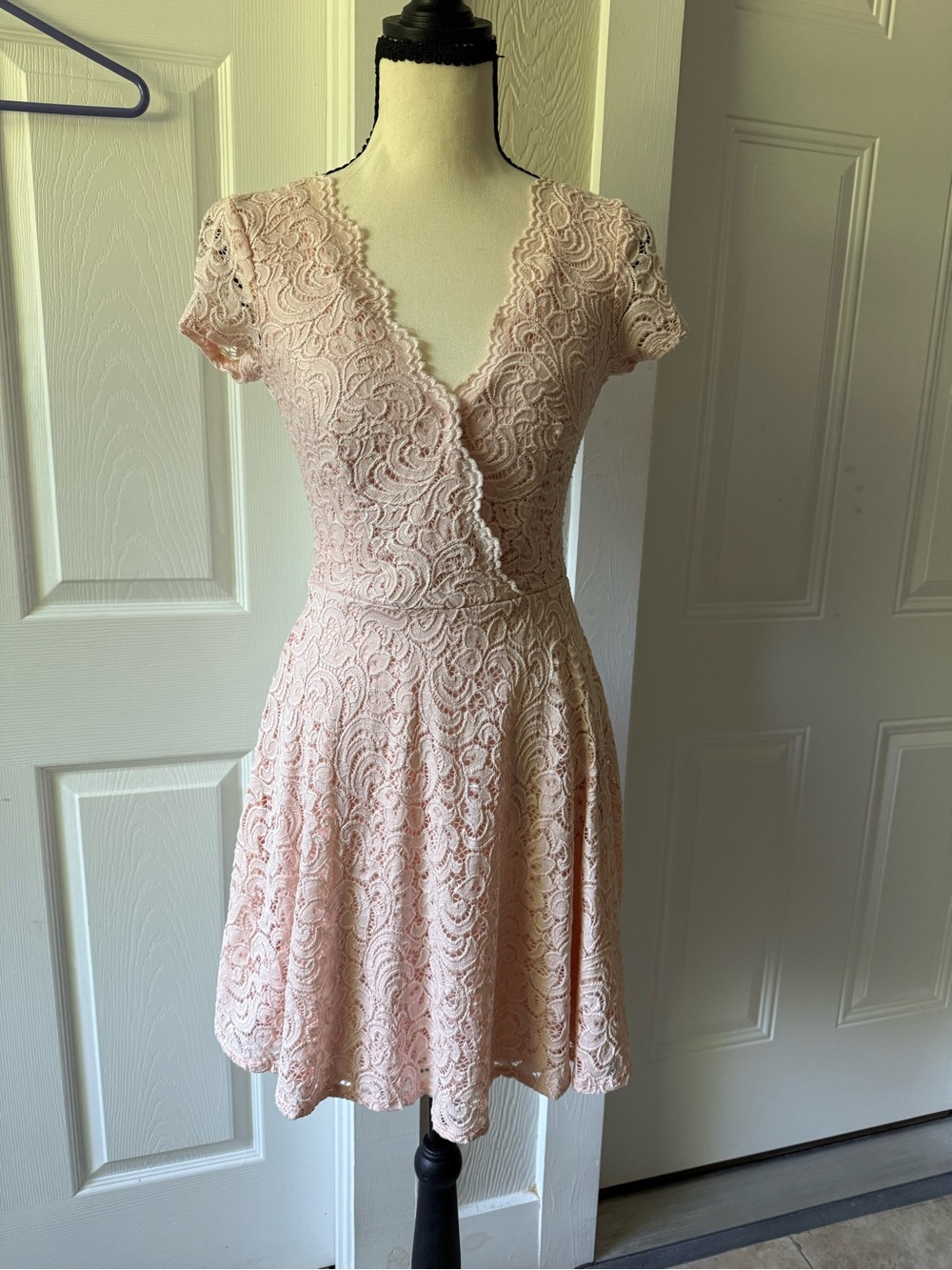 B Darlin Blush Pink Lace Wrap-Style Mini Dress